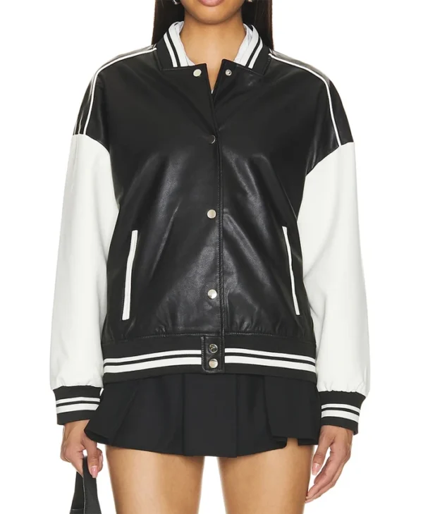Black Varsity Bomber Leather Jacket Main