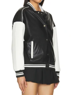 Black Varsity Bomber Leather Jacket SIDE