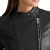 Black Womens Real Leather Cafe Racer Jacket Collar