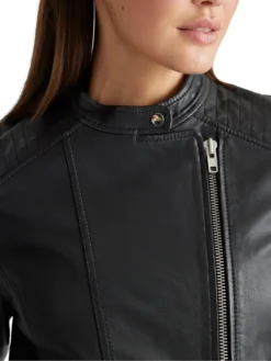 Black Womens Real Leather Cafe Racer Jacket Collar