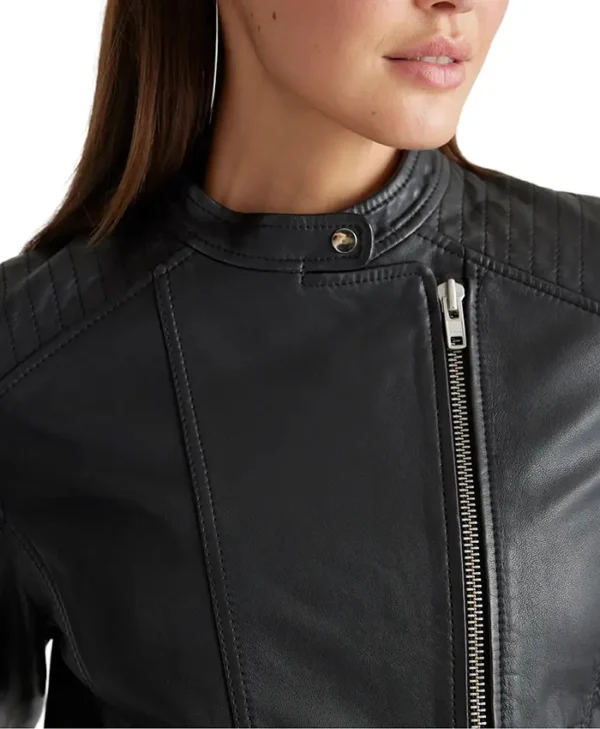 Black Womens Real Leather Cafe Racer Jacket Collar