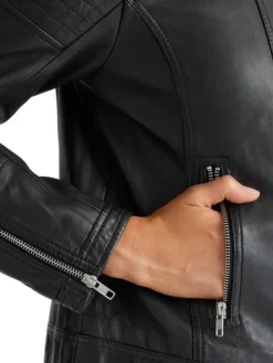 Black Womens Real Leather Cafe Racer Jacket Cuffs