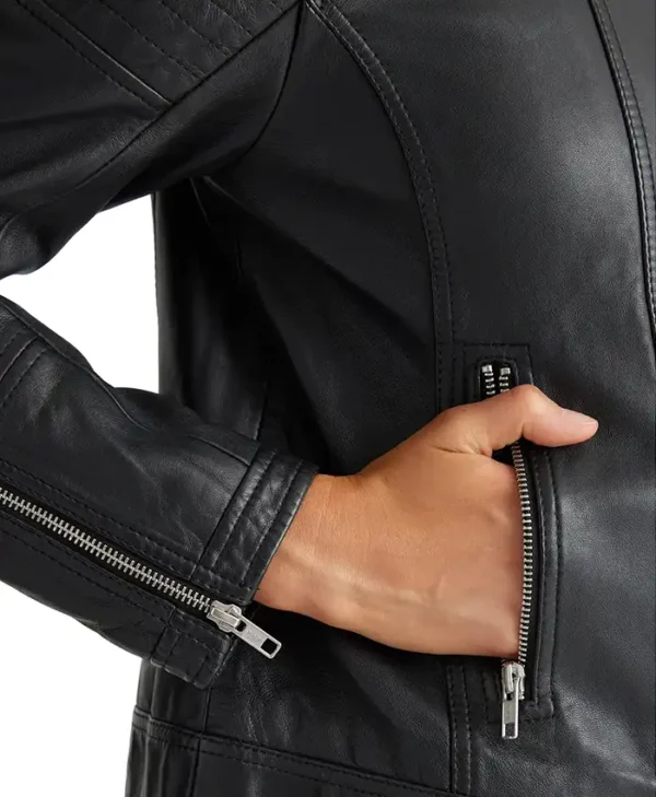 Black Womens Real Leather Cafe Racer Jacket Cuffs