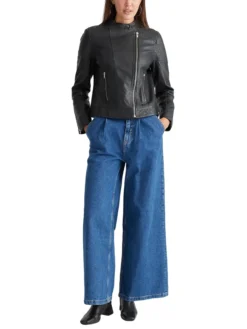 Black Womens Real Leather Cafe Racer Jacket Front