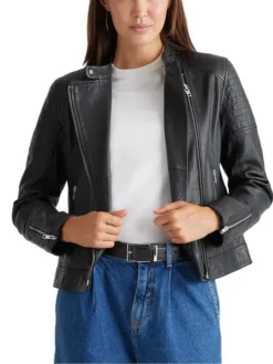 Black Womens Real Leather Cafe Racer Jacket Main