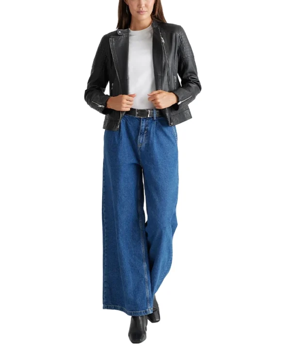 Black Womens Real Leather Cafe Racer Jacket Stand