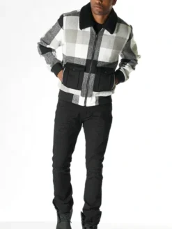 Chavez Checked Snap Tab Wool Varsity Jacket Stand Up