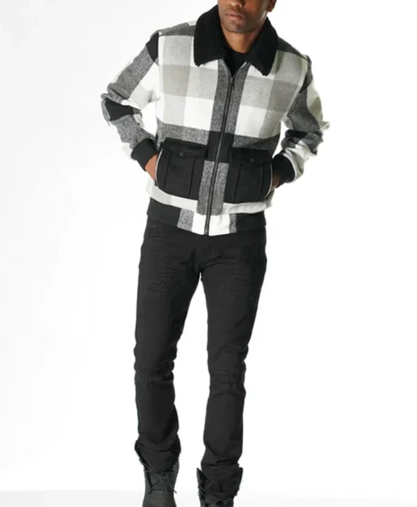 Chavez Checked Snap Tab Wool Varsity Jacket Stand Up