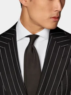 Double Breasted Mens Black And White Pinstripe Suit Collar
