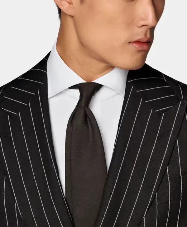 Double Breasted Mens Black And White Pinstripe Suit Collar