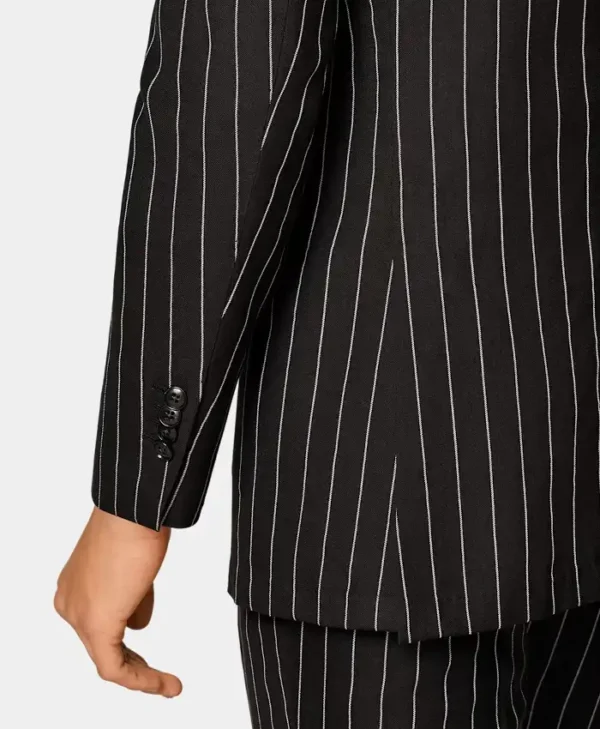 Double Breasted Mens Black And White Pinstripe Suit Cuffs