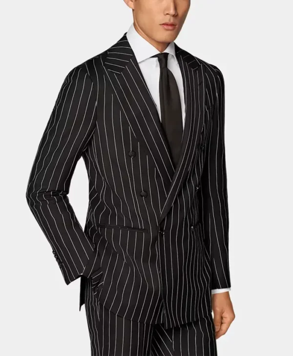 Double Breasted Mens Black And White Pinstripe Suit Side