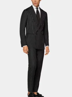 Double Breasted Mens Black And White Pinstripe Suit Stand Up