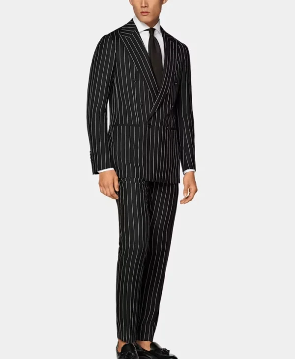 Double Breasted Mens Black And White Pinstripe Suit Stand Up