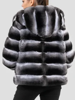 Hooded Black Chinchilla Fur Jacket Womens Back
