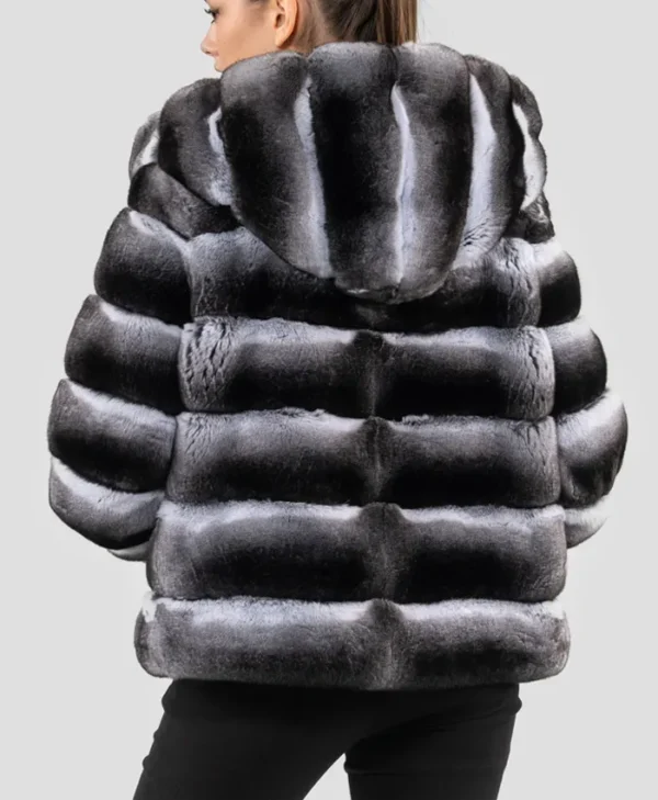 Hooded Black Chinchilla Fur Jacket Womens Back