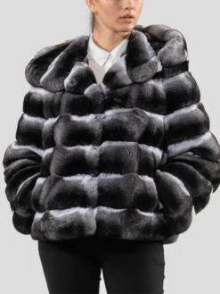 Hooded Black Chinchilla Fur Jacket Womens Main