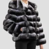 Hooded Black Chinchilla Fur Jacket Womens Pockets