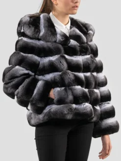 Hooded Black Chinchilla Fur Jacket Womens Pockets