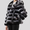 Hooded Black Chinchilla Fur Jacket Womens Side