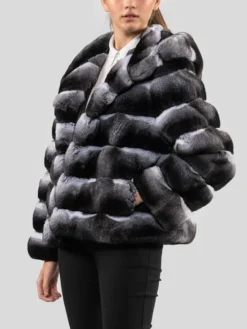 Hooded Black Chinchilla Fur Jacket Womens Side