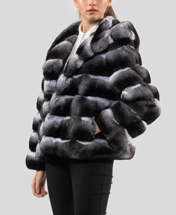 Hooded Black Chinchilla Fur Jacket Womens Side