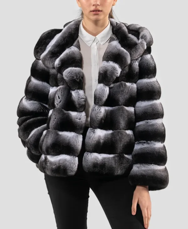 Hooded Black Chinchilla Fur Jacket Womens Style