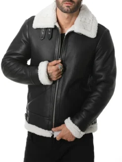 Mens B3 Black Shearling Aviator Pilot Bomber Jacket Closure