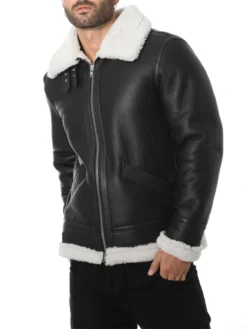 Mens B3 Black Shearling Aviator Pilot Bomber Jacket Side