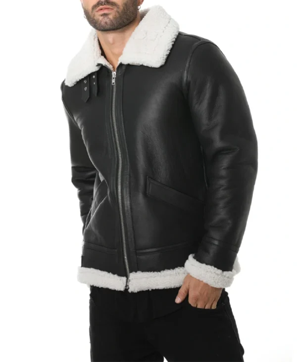 Mens B3 Black Shearling Aviator Pilot Bomber Jacket Side