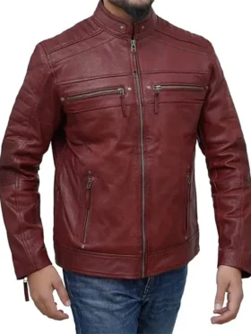 Mens Motorcycle Burgundy Leather Jacket Side