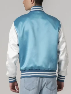 Modern Light Blue Satin Varsity Jacket Back