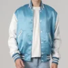 Modern Light Blue Satin Varsity Jacket Main