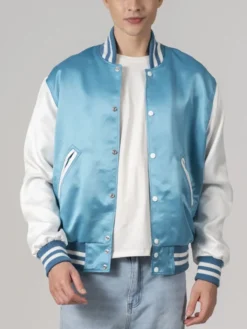 Modern Light Blue Satin Varsity Jacket Main