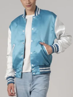 Modern Light Blue Satin Varsity Jacket Side