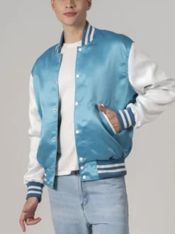 Modern Light Blue Satin Varsity Jacket Sleeves