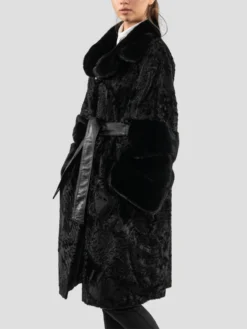 Persian Lamb Astrakhan Black Fox Fur Coat Belted