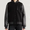 Sportswear Womens Black Leather Sleeves Bomber Jacket Buttoned