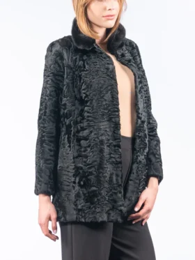 Stylish Black Astrakhan Fur Collar Jacket Closure
