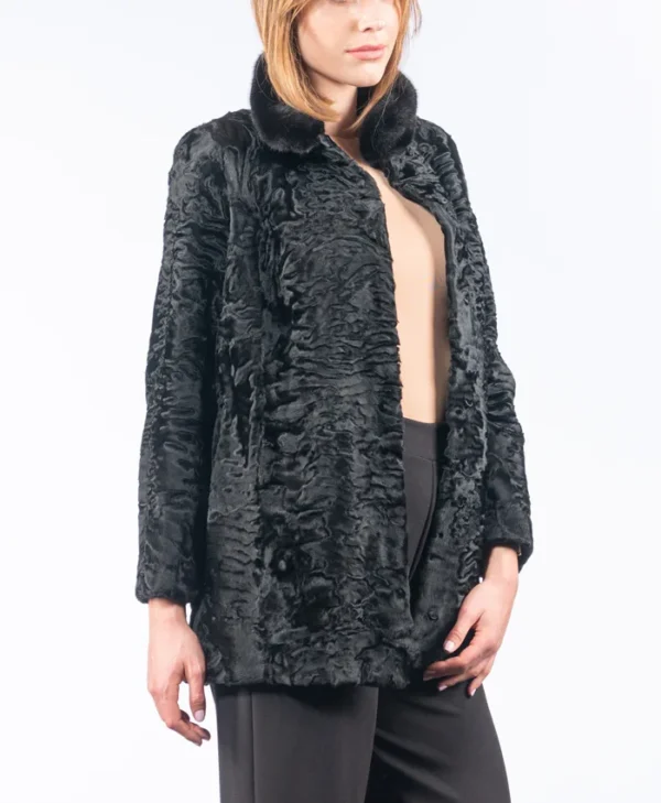 Stylish Black Astrakhan Fur Collar Jacket Closure