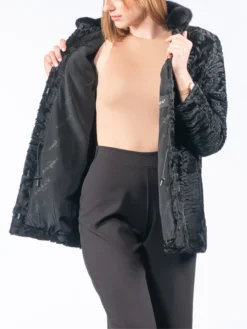 Stylish Black Astrakhan Fur Collar Jacket Inner