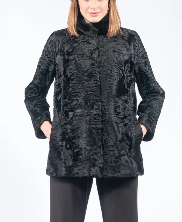 Stylish Black Astrakhan Fur Collar Jacket Main