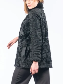 Stylish Black Astrakhan Fur Collar Jacket Side