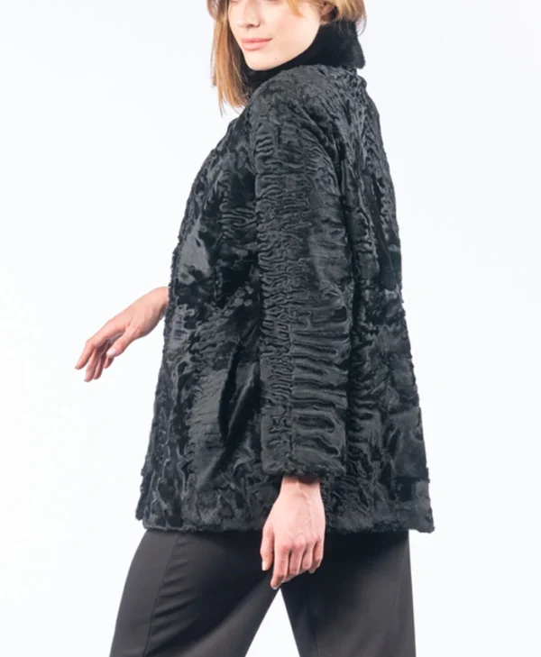 Stylish Black Astrakhan Fur Collar Jacket Side