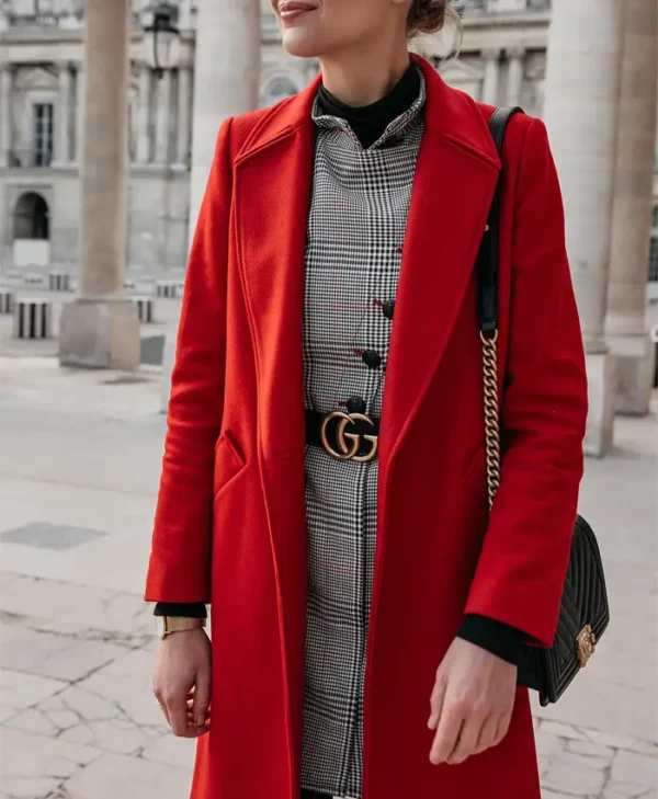 Trendy Red Long Wool Coat For Womens Pockets