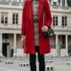 Trendy Red Long Wool Coat For Womens Stand Up