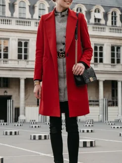 Trendy Red Long Wool Coat For Womens Stand Up