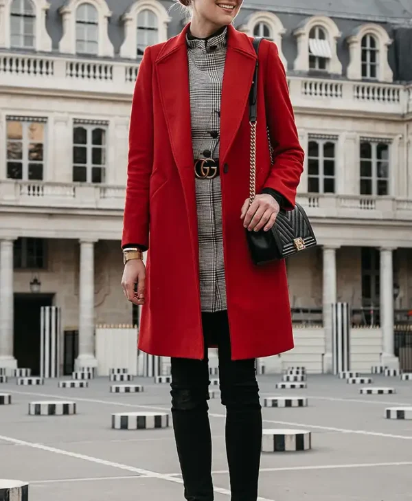Trendy Red Long Wool Coat For Womens Stand Up