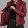 Women Best Burgundy Leather Biker Jacket Closeup