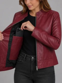 Women Best Burgundy Leather Biker Jacket Closeup
